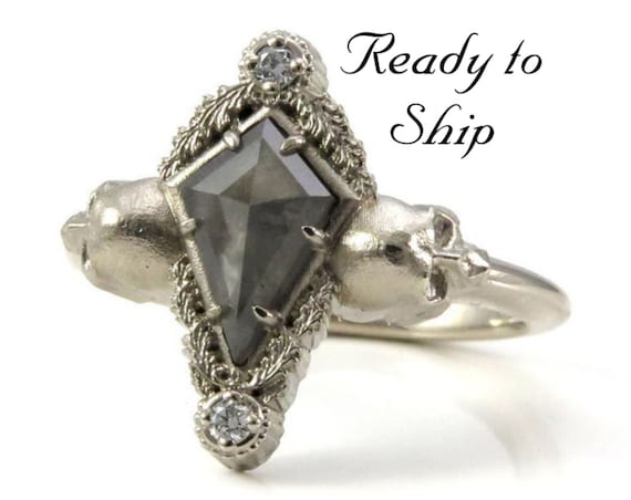 Ready to Ship Size 6 - 8 - Catacomb Kite Diamond Ring with Skulls and Rococco Details - White Diamonds - 14k Palladium White Gold