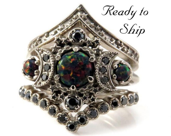Ready to Ship Size 6 - 8 - Full Moon Lab Black Opal Engagement Ring Set - Cosmos Stardust and Black Diamond Chevron Wedding Bands
