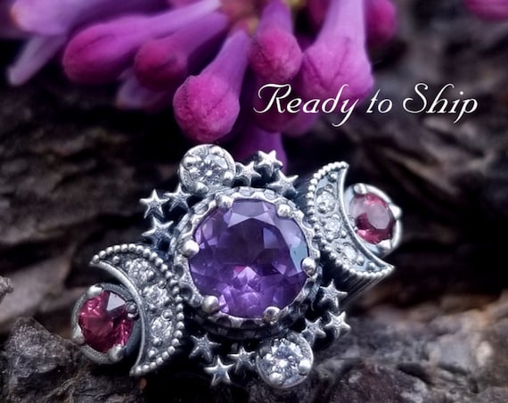 Ready to Ship Size 5 - 7 - Amethyst & Malaya Garnet Cosmos Moon Engagement Ring with Stardust Chevron Wedding Band and Diamonds