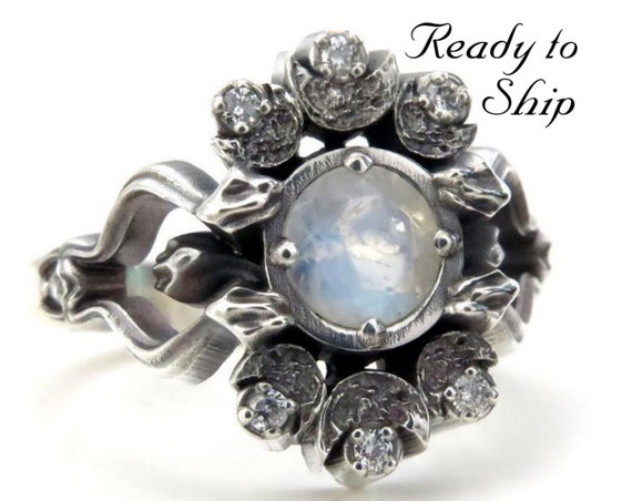 Ready to Ship Size 7 - 9 - Gothic Snake and Crescent Moon Engagement Ring - Moonstone and Silver Galaxy Diamonds