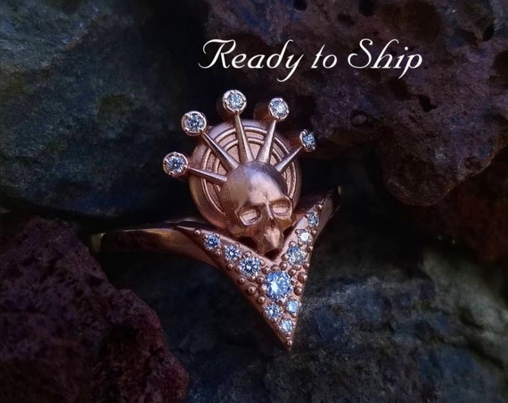 Ready to Ship Size 6 - 8 - Catacomb Angel - Diamond Halo - 14k Rose Gold Skull with White Diamonds