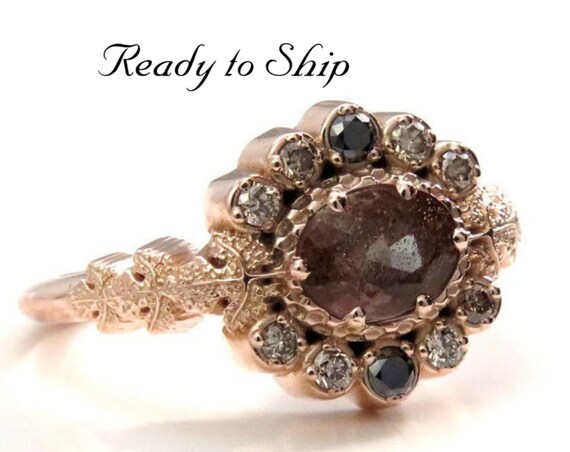 Ready to Ship Size 6 - 8 - POISON PLANT - Oregon Sunstone Oval & Diamond Halo Ring with Poison Leaves
