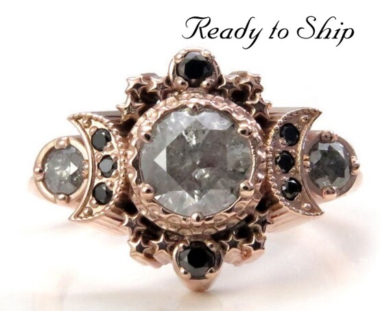 Ready to Ship Size 6-8 - Natural Gray Galaxy Diamond Cosmos Moon Engagement Ring - Rose Gold Celestial Black Diamond Lunar Ring