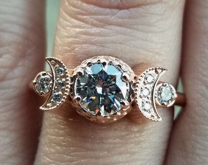 Hecate Moon Engagement Ring - Moissanite and White Diamonds - 14k Palladium White Gold - Bohemain Jewelry