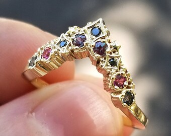 Deep Space Stardust Chevron Wedding Band, Chatham Alexandrite Pink Sapphires London Blue Topaz, Black or White Diamonds Nebula Wedding Band