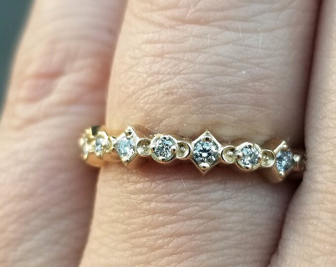 Mini Moon Diamond Half Eternity Ring - Wedding Band - Stacking Gold Ring - Black or White Diamond Ring - Crescent Moon Jewlery