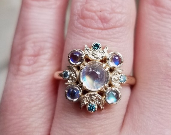 Ethereal Moon Phase Engagement Ring - Rainbow Moonstone with Tiny Irradiated Blue Diamonds - 14k Yellow Gold