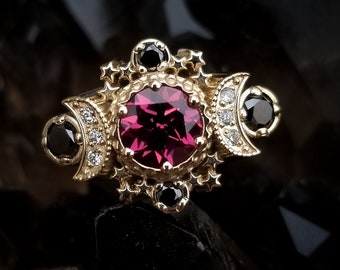 Rhodolite Garnet & Black and White Diamond Cosmos Moon Engagement Ring - Gothic Engagement Ring