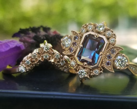 Chatham Alexandrite Radiant Emerald Cut Selene Celestial Engagement Ring Set - Diamonds & Crescent Moons - 14k Rose Gold