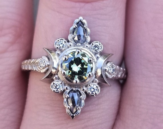 Ready to Ship Size 6 - 8 - Green Diamond Moon Engagement Ring with Salt & Pepper Pears and Sage Leaves - 14k Palladium White Gold
