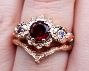 Red Garnet & Chatham Alexandrite Leafy Moon Ring  and Forest Chevron - 14k Rose Gold - Nature Wedding Ring Sets