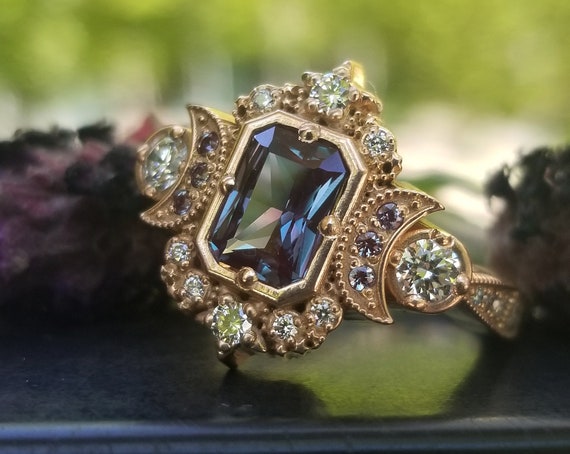 Radiant Emerald Cut Alexandrite Selene Crescent Moon Engagement Ring - Diamonds and Chatham Alexandrite - 14k Rose Gold