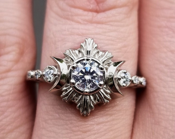 Diamond Moonfire Engagement Ring - 14k Palladium White Gold Celestial Wedding Ring