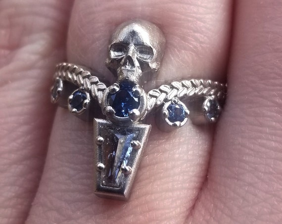 Ready to Ship Size 4 - 6 - Catacomb Skull Ring with Rose Cut Salt & Pepper Tapered Baguette Diamond and Ombre Montana Sapphires