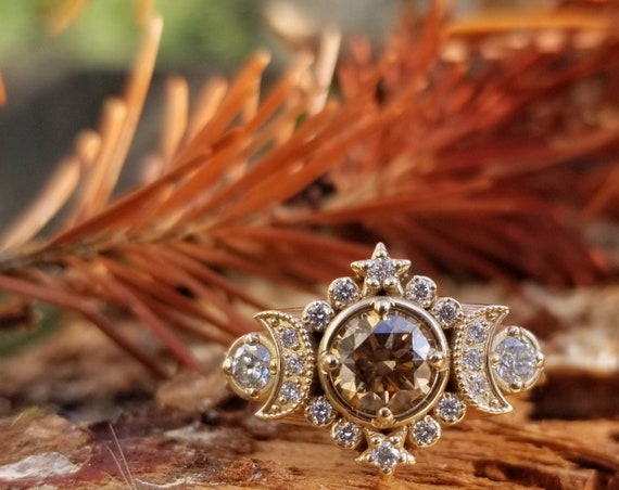 Selene Moon Goddess Ring - Natural Champagne Diamond with White Diamonds - 14k Yellow Gold