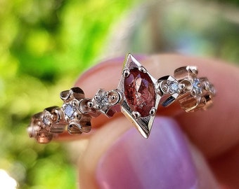 Ready to Ship Size 6 - 8 - Oval Oregon Sunstone & Diamond Aster Moon Ring - Lunar Fine Jewelry - Engagement Ring - 14k Rose Gold