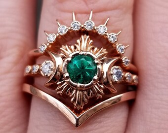 Ready to Ship Size 6 - 8 - Natural Emerald and Galaxy Diamond Moonfire Engagement Ring Set - 14k Rose Gold Ceremonial Jewelry