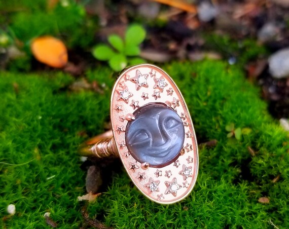 Mr. Moon Celestial Cocktail Ring - Gray Moonstone Moon with Diamond Stars - 14k Rose Gold