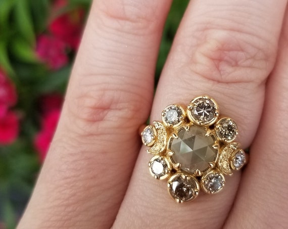 Ready to Ship Size 5 - 7.5 Victorian Raw Rose Cut Diamond with Champagne and White Diamonds Crescent Moon Engagement Ring