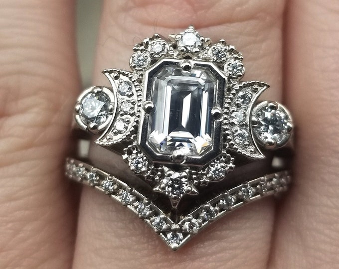 Step Cut Moissanite Selene Triple Moon Engagement Ring Set - Moissanite, Diamonds & 14k Palladium White Gold