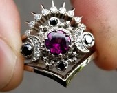 Cosmos Moon Engagement Ring 3 Ring Set with Rhodolite Garnet & Diamonds - Gothic Celestial Wedding Set