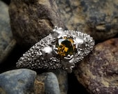Ready to Ship Size 6 - 8 - 4 Skull Catacomb Ring with Cognac Diamond & Mossy Knoll Chevron - 14k Palladium White Gold