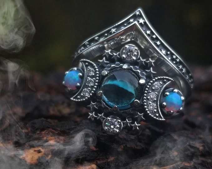 London Blue Topaz Cosmos Ring Set with Baby Blue Lab Opals and Diamond Crescent Moons - Celestial Bridal Rings - Sterling Silver