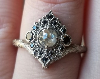 Ready to Ship Size 6-8 - Rose Cut Gray & Black Diamond Nova Engagement Ring - 14k Palladium White Gold - Celestial Stardust Wedding Ring