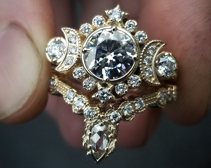 Ready to Ship Size 6 - 8 - Selene Moon Engagement Ring Set - 7mm Moissanite & Diamonds with Lotus Diamond Wedding Band - 14k Yellow Gold