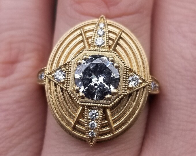 Ready to Ship Size 6 - 8 - Art Deco Compass Rose Ring with Salt & Pepper Diamond Center and White Diamonds - Sandblasted 14k Yellow Gold