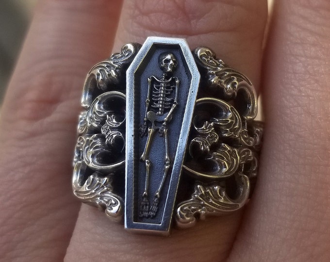 Memento Mori Ring with Baroque Silver Scrolls Skeleton Mourning Jewelry - Spooky Halloween Jewelry