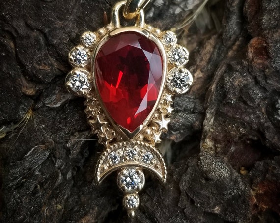 Oregon Sunstone Cosmos Moon Pendant - White Diamond Celestial Necklace - 14k Yellow Gold - Ready to Ship