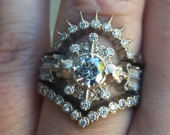 Skeleton Catacomb Engagement Ring Set with Moissanite & Diamond Pebble Halo - 14k Palladium White Gold - Gothic Wedding Rings