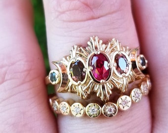 Ready to Ship Size 6 - 8- Chatham Ruby and Andalusite Oval Moonfire Boho Engagement Ring Set with Montana Sapphires & Sun Disk Wedding Band