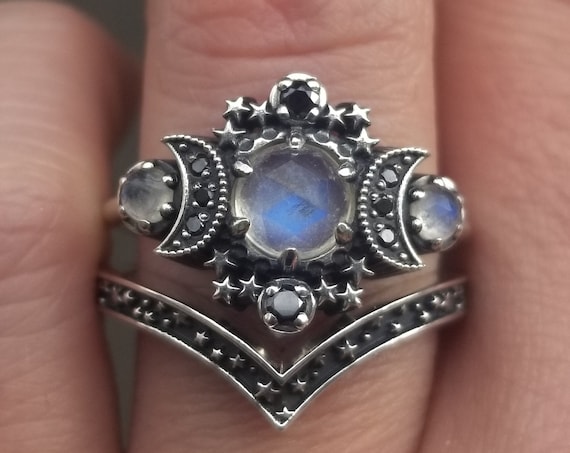 Ready to Ship Size 7.5 - 9.5 - Rose Cut Moonstone Cosmos Moon and Star Ring - Sterling Silver & Black Diamonds - Boho Celestial Engagement