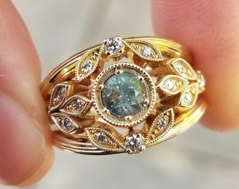 Art Deco Green Sapphire Wedding Ring Set Antique Style Diamond Leaf Engagement Ring Nature Inspired 14k Yellow Gold Ready to Ship Size 5 - 7