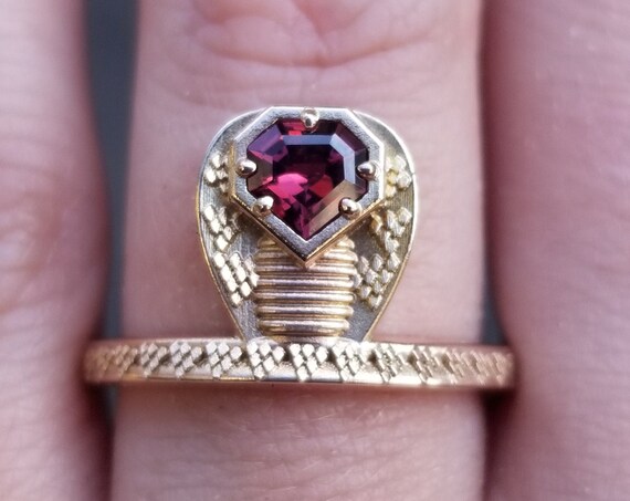 Ready to Ship - GORGON Locks - Snake Ring with Mahenge Garnet Snake Head - 14k Rose Gold - Size 6 - 8