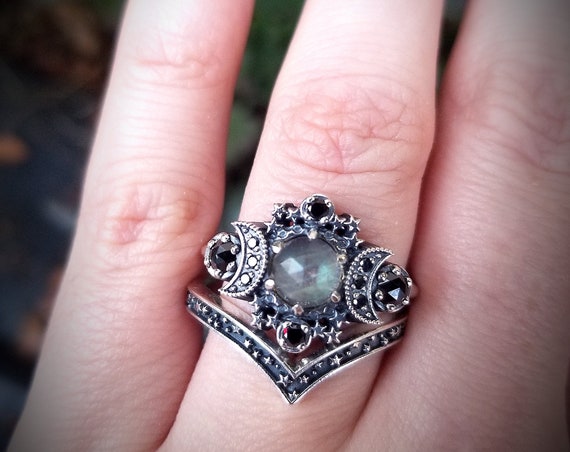 Ready to Ship Size 8 - 10 - Rose Cut Labradorite Cosmos Moon Engagement Ring Set - Sterling Silver with Black Diamonds