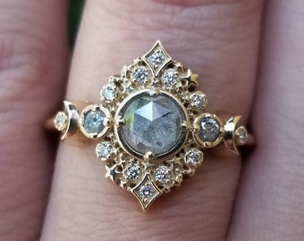 Galaxie Lunar Engagement Ring - 14k Gold - Pick your Salt & Pepper Diamond - Boho Moon Wedding Ring