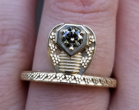 Ready to Ship - GORGON Locks - Snake Ring with Natural Champagne Diamond Head - 14k Yellow Gold Size 6 - 8