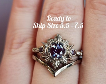 Celestial Chatham Alexandrite Wedding Ring Set Moonfire Triple Moon Engagement Ring Diamonds - 14k White Gold Ready to Ship Size 5.5 - 7.5