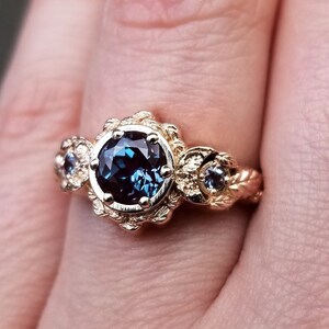 Chatham Alexandrite Leaf and Crescent Moon Ring - 14k Rose, Yellow or White Gold - Nature Antique Inspired Engagement Rings