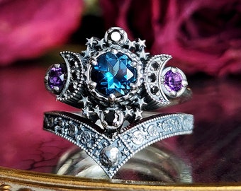 London Blue Topaz Engagement Ring with Amethyst -  Cosmos Triple Moon Wedding Set Sterling Silver Luna Chevron Celestial Fairytale Fantasy