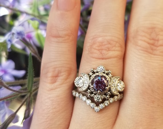 Chatham Alexandrite Cosmos White Gold Moon Engagement Ring - Moon & Star Wedding Set