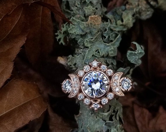 Ready to Ship Size 6 - 8 - Selene Triple Moon Goddess Engagement Ring - Moissanite and Diamond Lunar Boho Wedding Ring -14k Rose Gold
