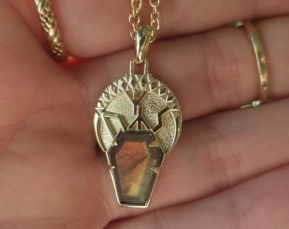 Labradorite Coffin Pendant - Runes - Uruz, Sowilo and Algiz - 14k Gold