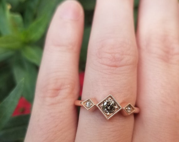 Gray Champagne Diamond Art Deco Engagement Ring with White Rose Cut Diamond Sides - 14k Rose Gold