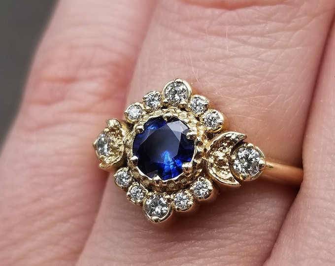 Ready to Ship Size 6 - 8 - Moon Halo Sapphire Engagement Ring Set with Double Chevron Wedding Band - 14k Yellow Gold - Handmade Jewelry