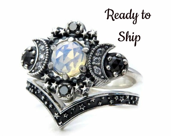 Ready to Ship Size 6 - 8 Cosmos Moon and Star Ring - Opalite Quartz with Black and White Diamonds with Stardust Chevron Wedding Band