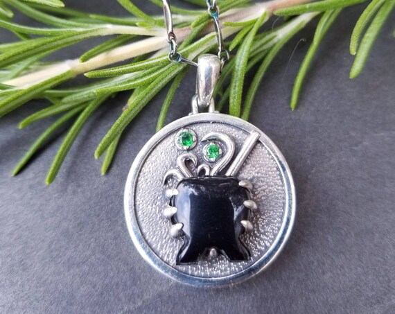 Witches Brew Pendant - Black Obsidian Cauldron with Green Tsavorite Garnets - Sterling Silver
